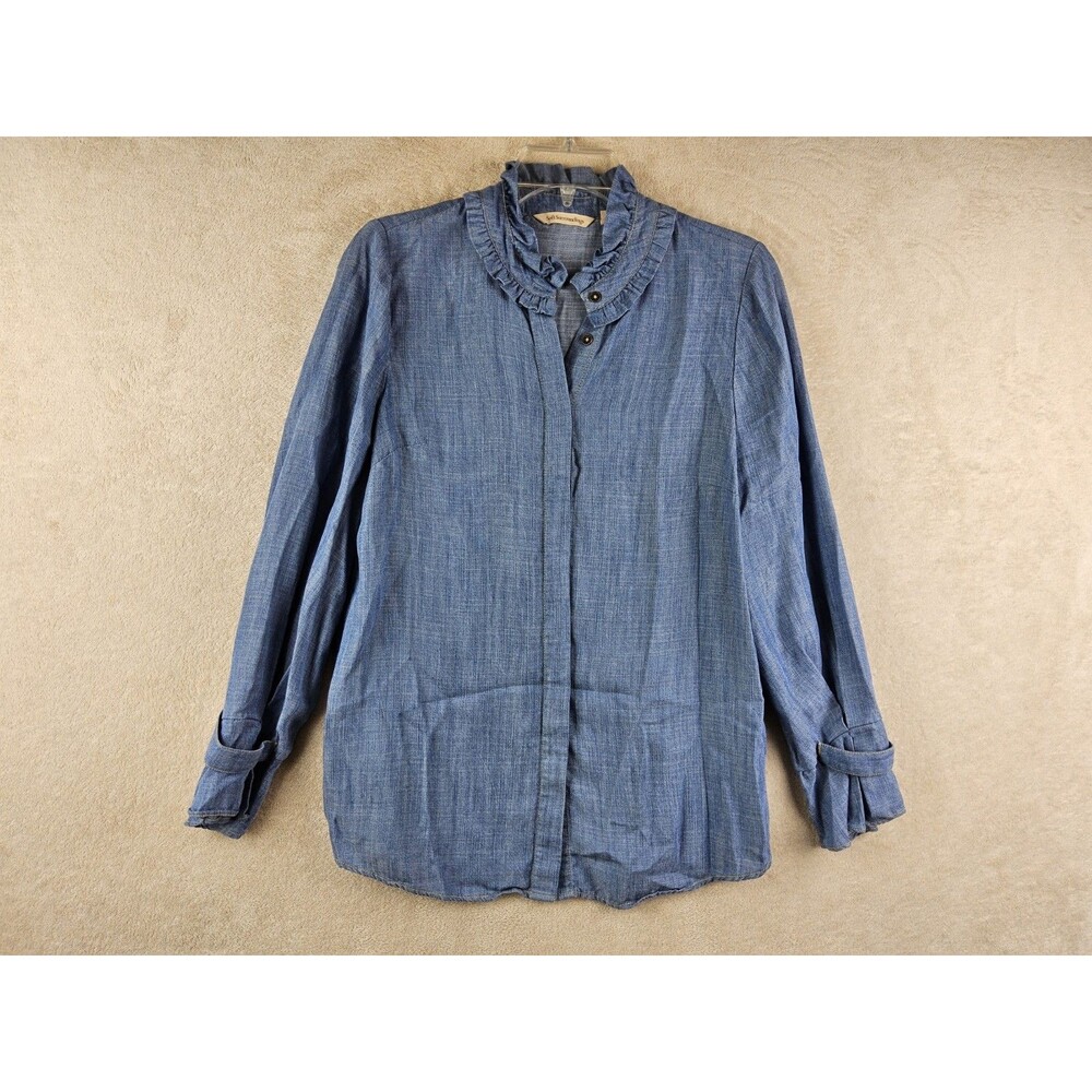 Soft Surroundings Women's Long Sleeve Button Front Ruffle Neck Top Size XS